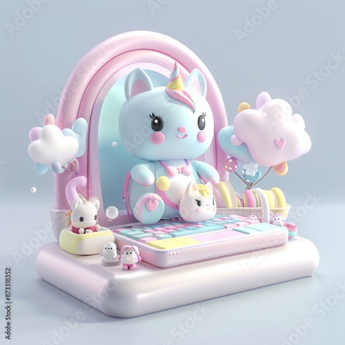 cute cartoon laptop setup , 3d Laptop Illustration