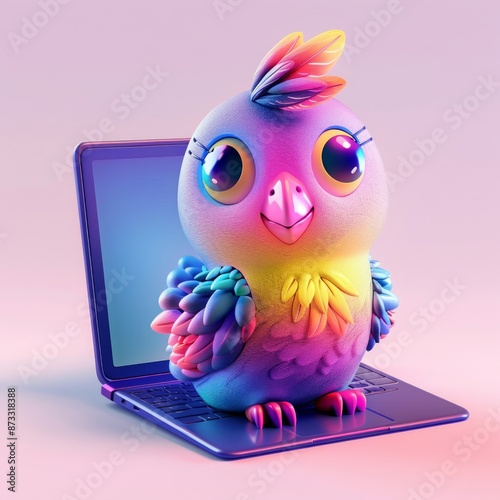 Laptop with bird 3d render, 3d Laptop Illustration