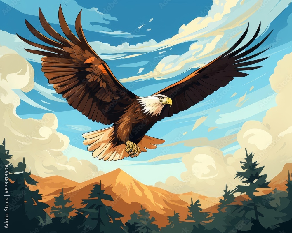 Obraz premium Eagle swooping powerfully flat design front view open sky animation vivid