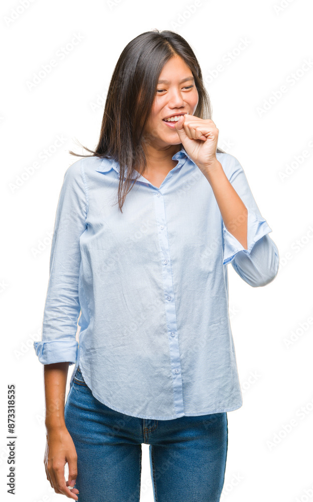 Young asian business woman over isolated background feeling unwell and coughing as symptom for cold or bronchitis. Healthcare concept. Young asian business woman over isolated background feeling unwell and coughing as symptom for cold or bronchitis. Healthcare concept.