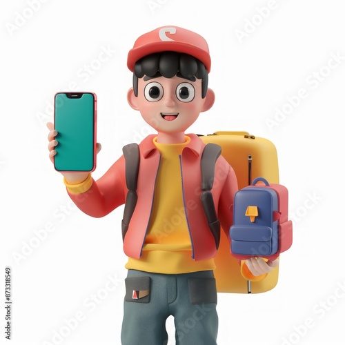 boy wearing backpack and holding phone