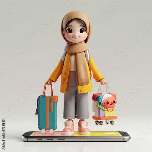 cute 3D muslim woman weaering hijab and bring suitcase