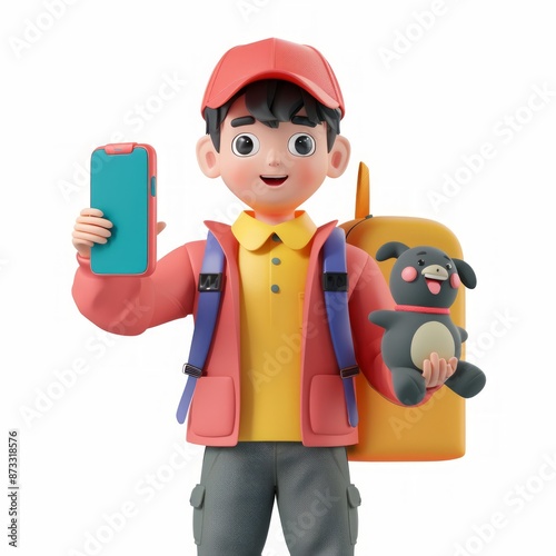 boy wearing backpack and holding phone