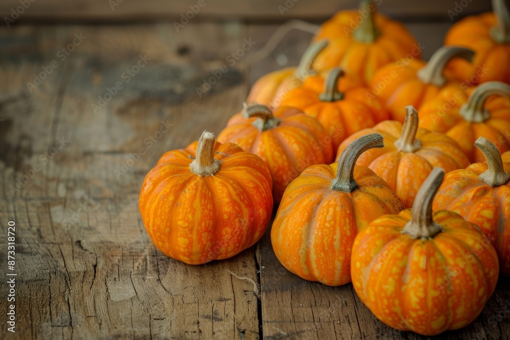 A high-angle view of a collection of small, orange pumpkins arranged neatly on a weathered wooden surface. The pumpkins are arranged in a semi-circle, with their stems pointing upwards A high-angle view of a collection of small, orange pumpkins arranged neatly on a weathered wooden surface. The pumpkins are arranged in a semi-circle, with their stems pointing upwards