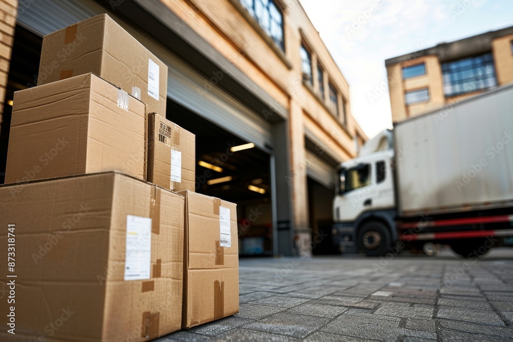 A low-angle view of neatly stacked cardboard boxes at a loading dock, with a delivery truck parked outside, ready for shipment A low-angle view of neatly stacked cardboard boxes at a loading dock, with a delivery truck parked outside, ready for shipment