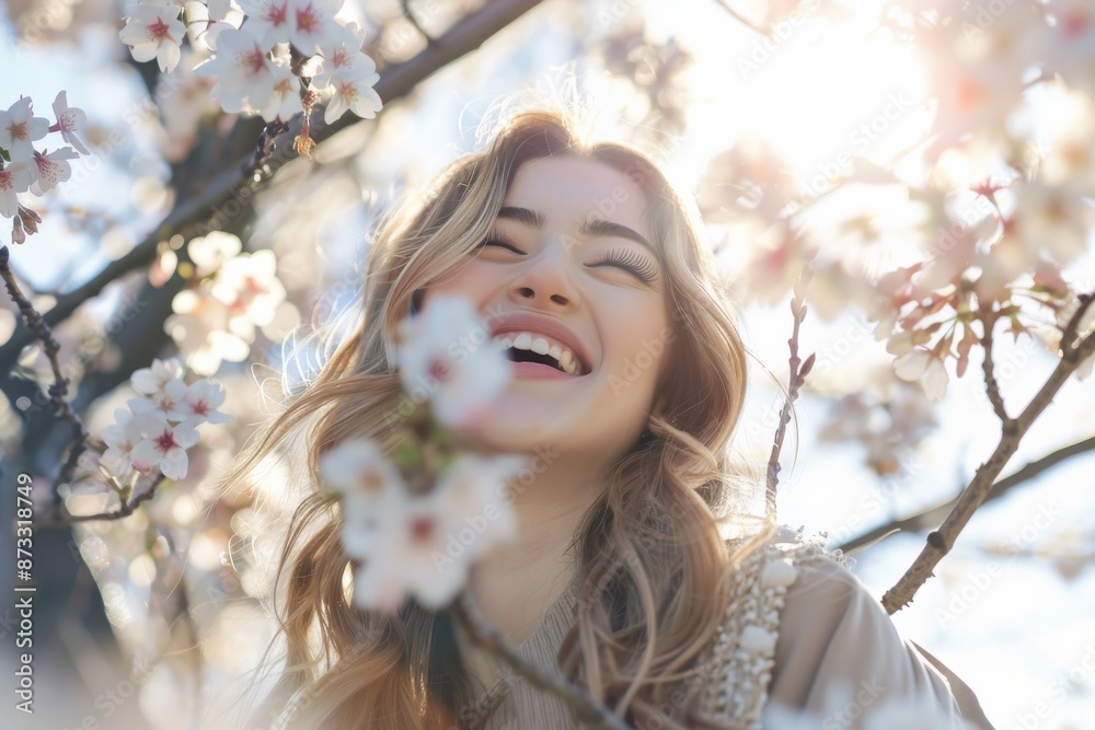 A young woman laughs with joy while standing beneath a cherry tree in full bloom, the sun filtering through the branches creating a warm glow A young woman laughs with joy while standing beneath a cherry tree in full bloom, the sun filtering through the branches creating a warm glow