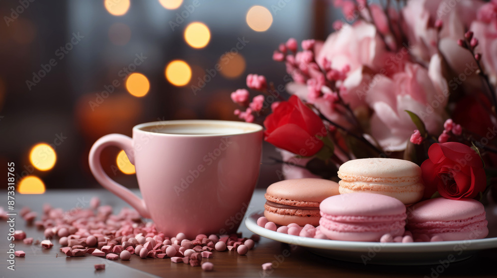 Pink coffee cup with macarons and flowers on a wooden table in a cozy bokeh-lit background ambiance concept Pink coffee cup with macarons and flowers on a wooden table in a cozy bokeh-lit background ambiance concept