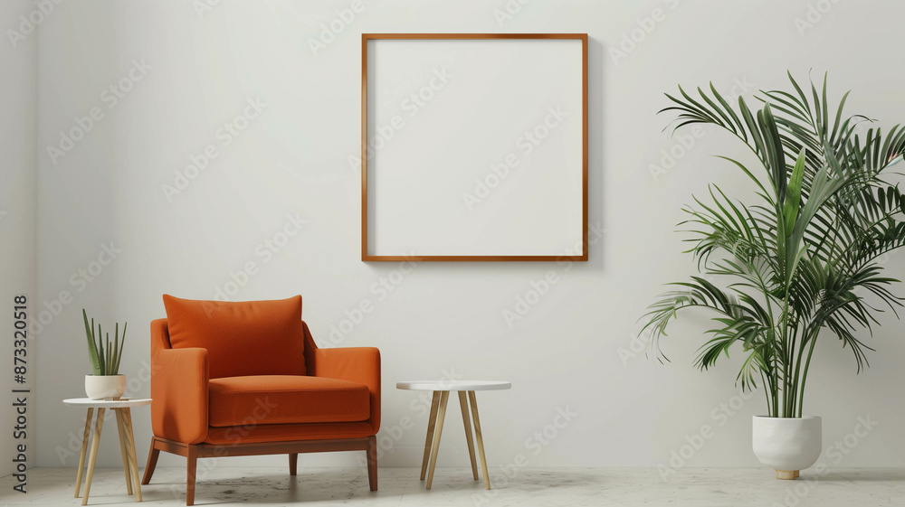 A minimalist bright interior showcasing a mockup picture frame on a white wall, with an orange armchair, a small round table, and a lush green houseplant A minimalist bright interior showcasing a mockup picture frame on a white wall, with an orange armchair, a small round table, and a lush green houseplant