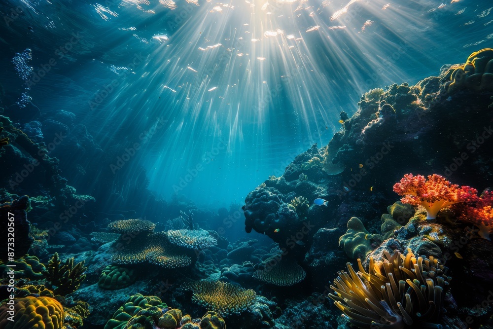 Fototapeta premium A tranquil underwater scene showcasing a vibrant coral reef, illuminated by the dappled sunlight filtering through the clear water