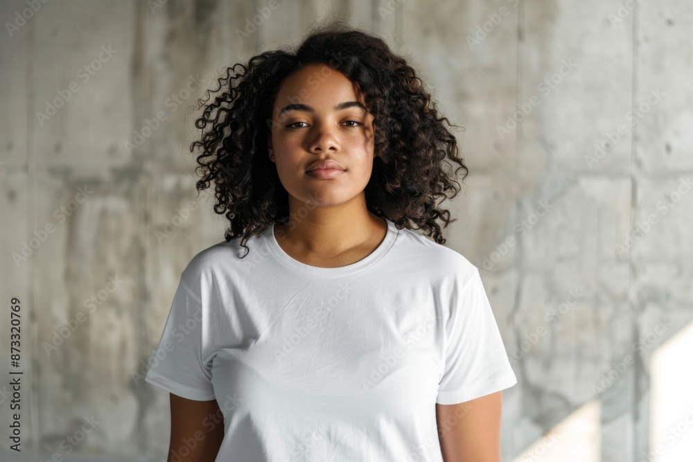 A confident plus size African American woman wearing a crisp white t-shirt stands in a studio setting against a neutral background A confident plus size African American woman wearing a crisp white t-shirt stands in a studio setting against a neutral background