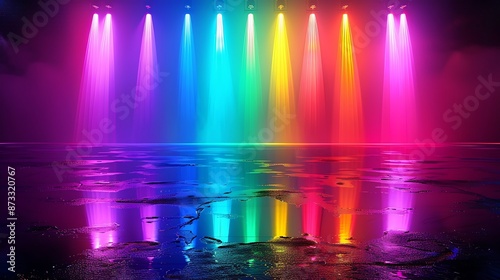 Rainbow neon light product background stage on reflective water floor with colorful glow spotlight, in vibrant style © WOW