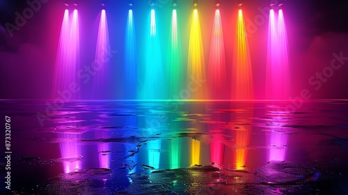 Rainbow neon light product background stage on reflective water floor with colorful glow spotlight, in vibrant style