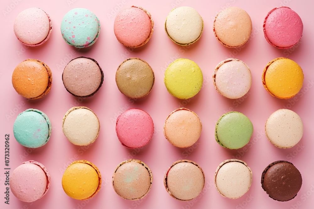 A vibrant flat lay of macarons arranged in neat rows against a pastel pink background A vibrant flat lay of macarons arranged in neat rows against a pastel pink background