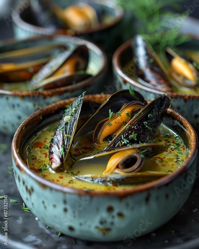 Fototapeta Naklejka Na Ścianę i Meble -  An exquisite mussel dinner in Nordic gourmet style in an elegant and sophisticated presentation. Cooked mussels perfectly arranged on a plate with a minimalist design.