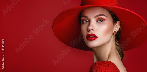 Woman Wearing Red Hat and Red Lipstick Posing Against Red Background