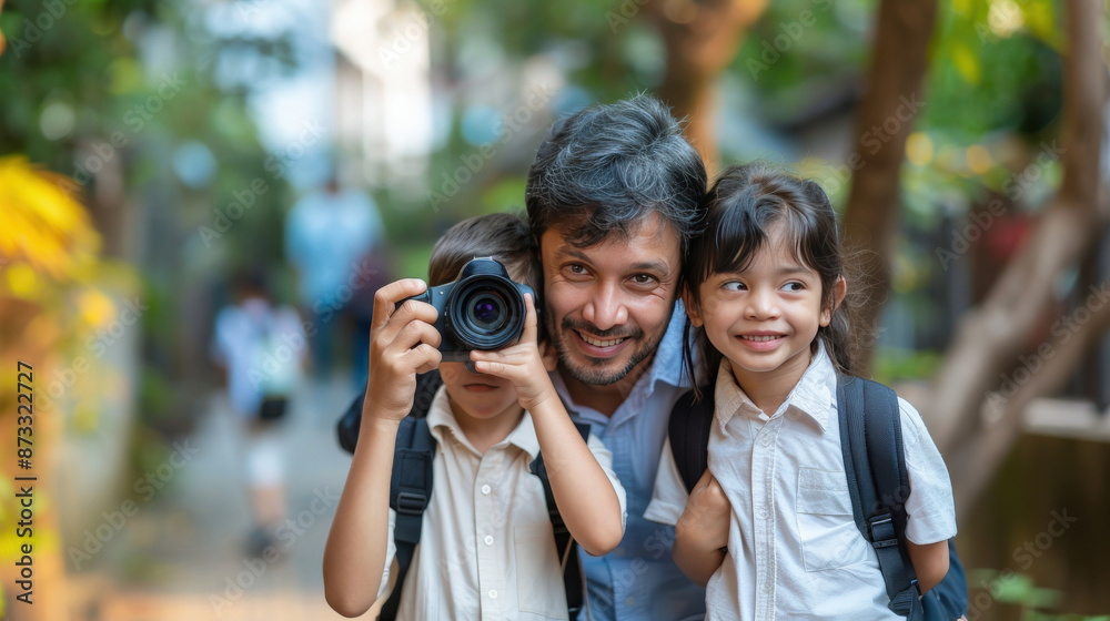 A man is taking a picture of two children A man is taking a picture of two children