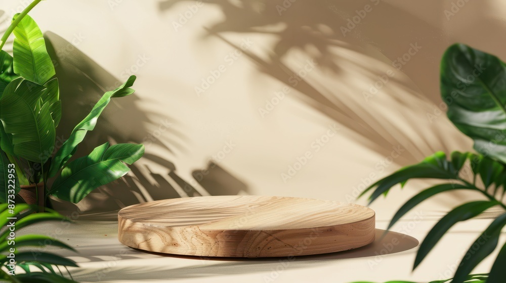 Wooden pedestal surrounded by tropical green leaves casting shadows on a beige background. Perfect for product display, mockups, and natural-themed presentations. Wooden pedestal surrounded by tropical green leaves casting shadows on a beige background. Perfect for product display, mockups, and natural-themed presentations.