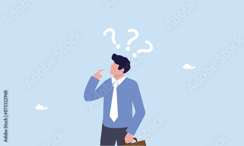 Businessman with suspicious gesture thinking about things with question mark signs, skeptical, distrust or questioning about business deal, thinking to make decision, doubtful or confusion concept.