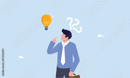 Thoughtful businessman think of solution to solve problem with lightbulb and question mark, solution to solve problem, asking question and answer, discover idea, solving business difficulty concept.