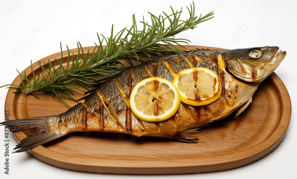 Delicious Grilled Fish with Lemon and Rosemary. The fish is cooked to a golden perfection, with crispy skin and flaky white flesh. The lemon slices add a zesty touch Delicious Grilled Fish with Lemon and Rosemary. The fish is cooked to a golden perfection, with crispy skin and flaky white flesh. The lemon slices add a zesty touch
