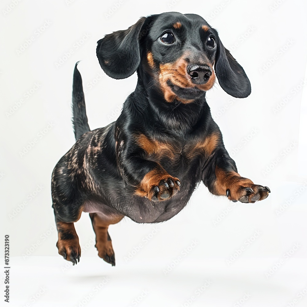 A photo of dachshund jumping full body white background A photo of dachshund jumping full body white background
