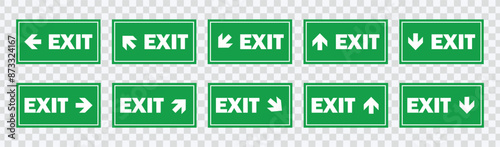 
"Emergency exit sign set. Running man and exit door icons for safety and evacuation visuals."