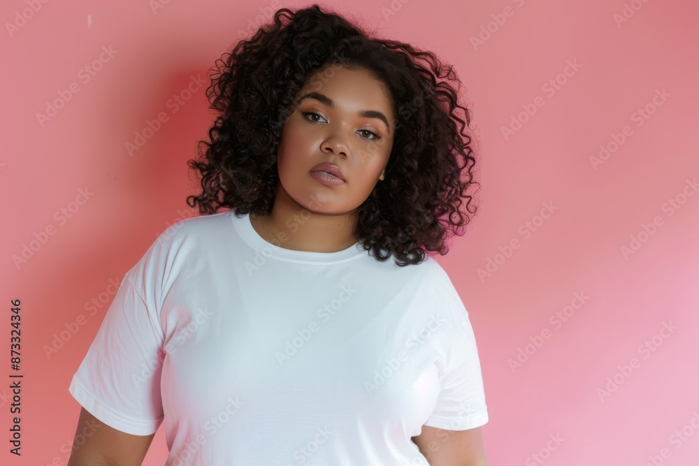 A high-angle portrait of a confident young black woman wearing a white t-shirt against a pastel pink background. She is looking directly at the camera with a neutral expression A high-angle portrait of a confident young black woman wearing a white t-shirt against a pastel pink background. She is looking directly at the camera with a neutral expression