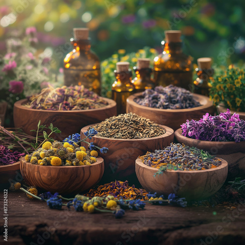 Ancient Herbal Medications Ingredients: Dried Herbs And Flowers With Herbal Tea Mix Representing A Holistic Approach To Integrative Medicine Practices