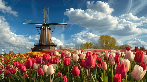 A historic Dutch windmill amidst colorful tulip fields in bloom, with a backdrop of blue skies and fluffy white clouds.