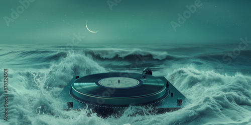 Surreal Vinyl Record Player Floating on Ocean Waves Under a Crescent Moon