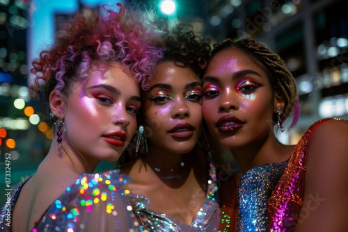 Three young women in bold, sparkling outfits pose for a photo at night