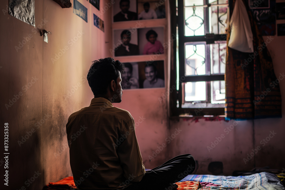 Lone Man Sitting in Dimly Lit Room with s on Wall, Reflective and Pensive