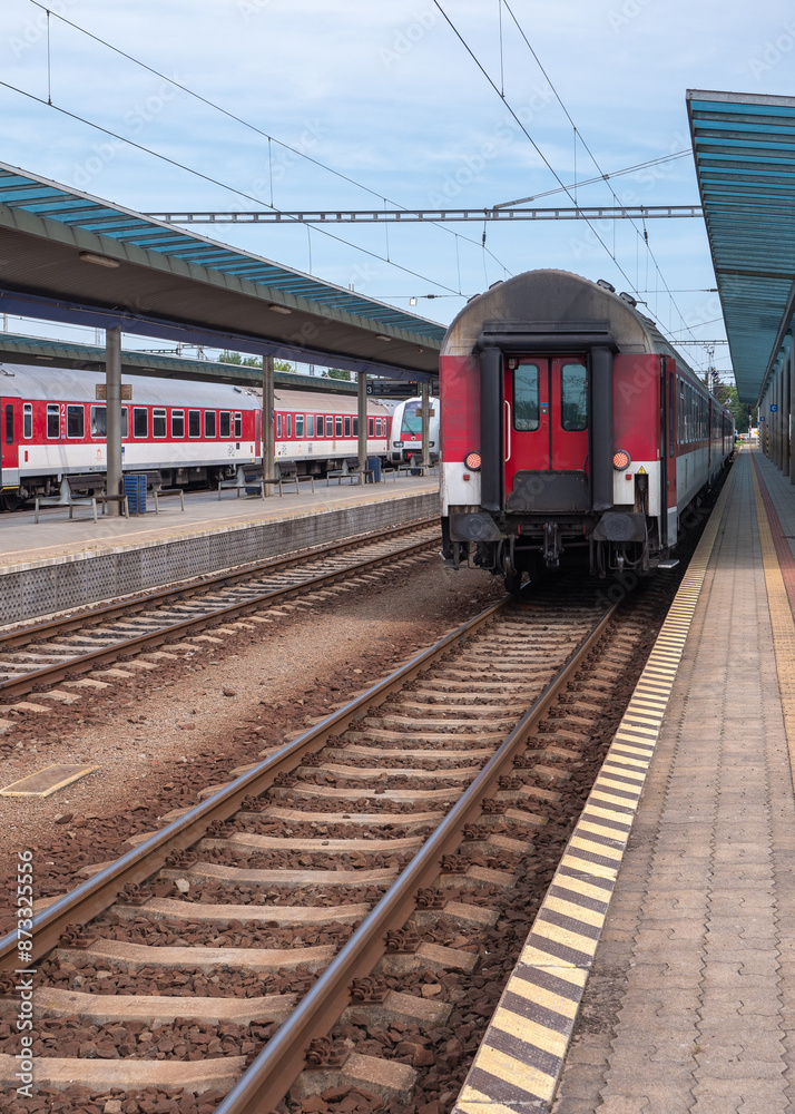Fototapeta premium Railway tracks on the Slovak Railways and the Prešov railway station, which is the main railway station in the city of Prešov.