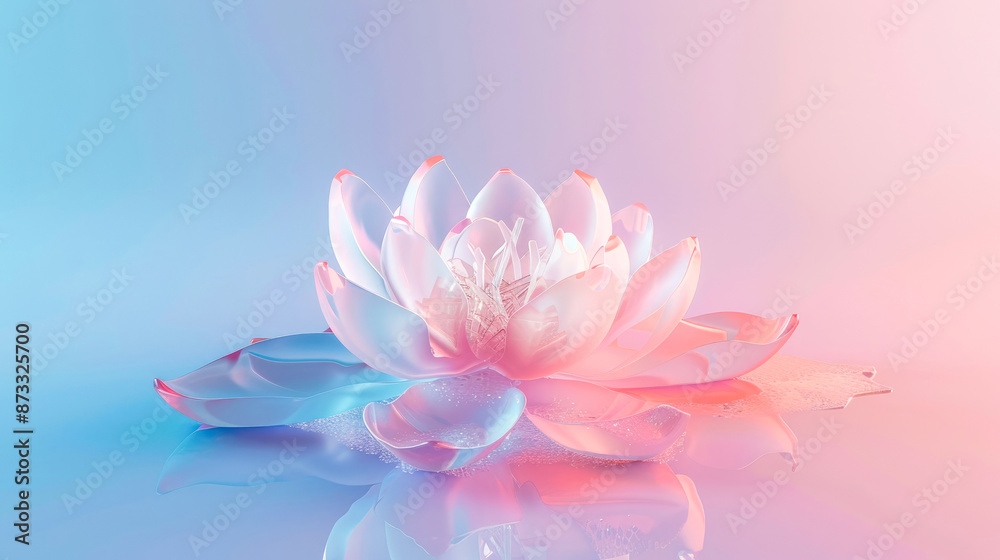 Glass lotus flower on pastel pink and blue background. Crystal flower reflecting light to generate shimmering and captivating effect that enhances its ethereal beauty. Copy space. Glass lotus flower on pastel pink and blue background. Crystal flower reflecting light to generate shimmering and captivating effect that enhances its ethereal beauty. Copy space.