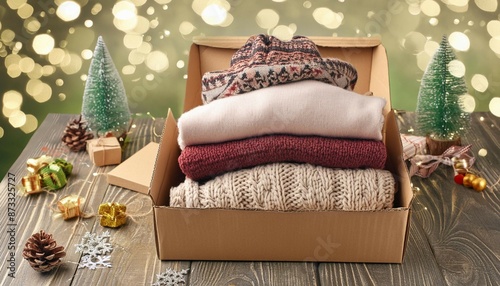 Cozy knit sweaters in a cardboard box with festive decoration