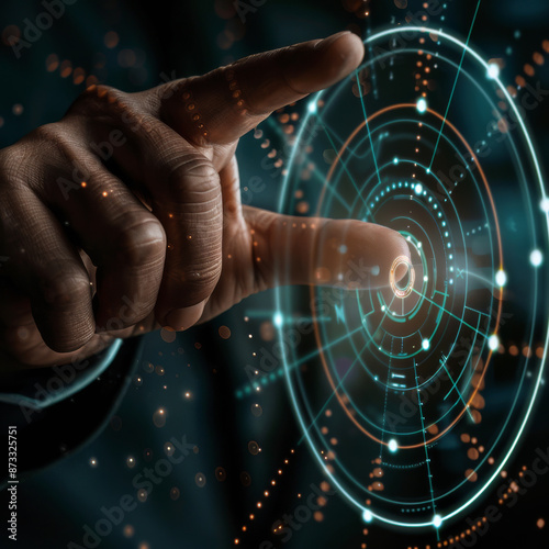 Close-up of a businessman's hand pointing at an abstract glowing hologram of a maximum and minimum scale on a dark background. Concept of volume control and the future. photo