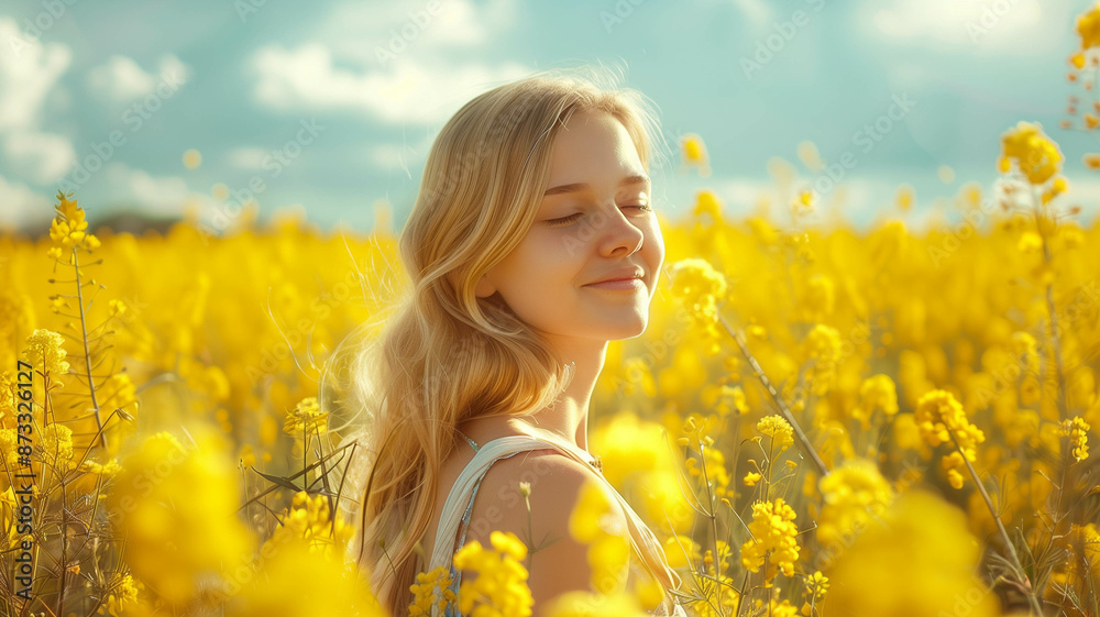 A beautiful blonde-haired girl standing gracefully amidst a vast field of blooming yellow rapeseed flowers A beautiful blonde-haired girl standing gracefully amidst a vast field of blooming yellow rapeseed flowers