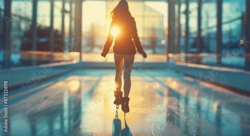 Woman Ice Skating Towards Sunset in Modern Indoor Rink