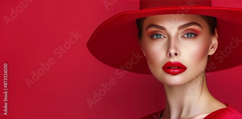 Woman Wearing Red Hat and Red Lipstick Posing Against Red Background