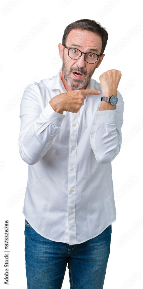Handsome middle age elegant senior business man wearing glasses over isolated background In hurry pointing to watch time, impatience, upset and angry for deadline delay Handsome middle age elegant senior business man wearing glasses over isolated background In hurry pointing to watch time, impatience, upset and angry for deadline delay
