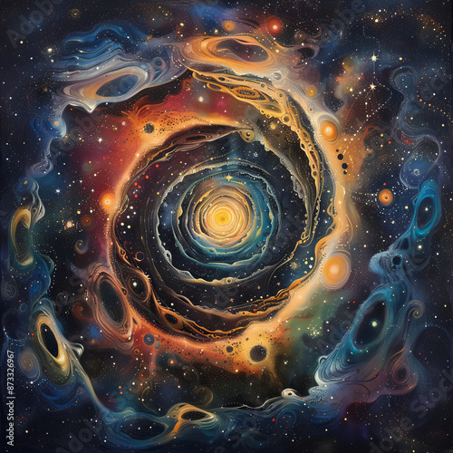 A cosmic mandala with swirling galaxies and stars as the primary elements. 