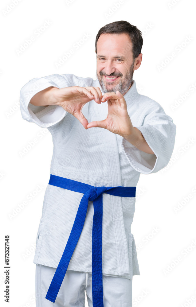Obraz premium Handsome middle age senior man wearing kimono uniform over isolated background smiling in love showing heart symbol and shape with hands. Romantic concept.