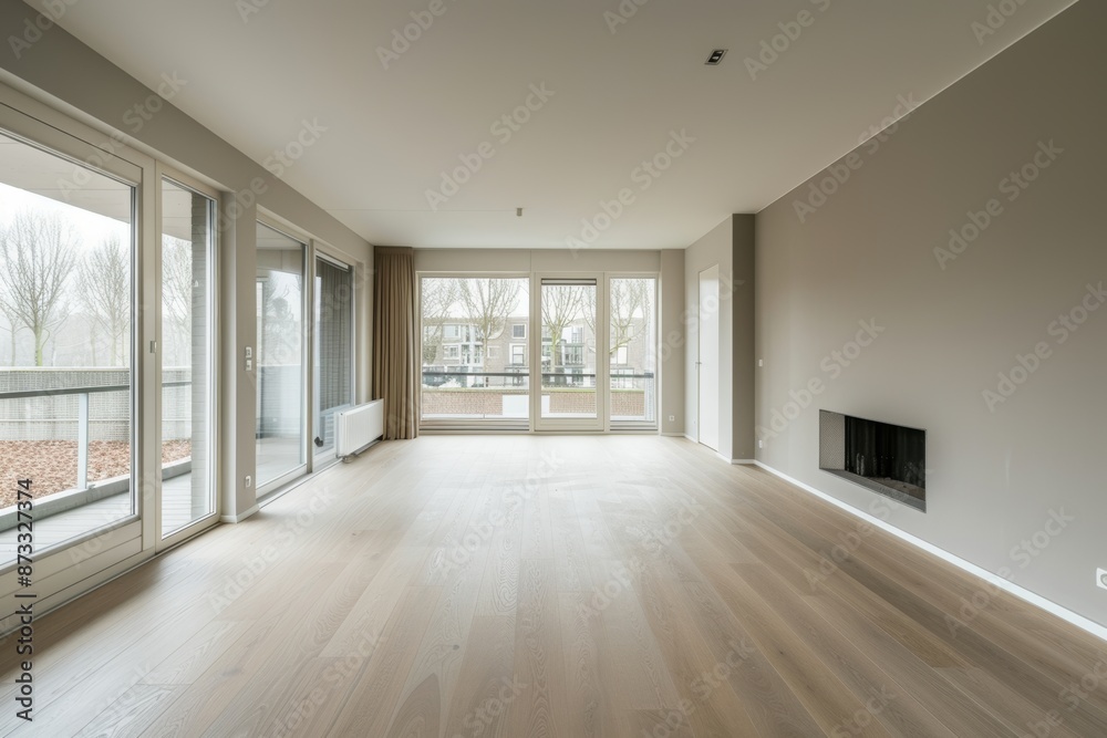 Interior of a new house, empty room with wooden floor and fireplace Interior of a new house, empty room with wooden floor and fireplace