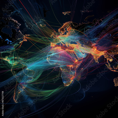 A global map with dynamic routes highlighting the complex network of suppliers, manufacturers, and distributors in a multinational corporation.