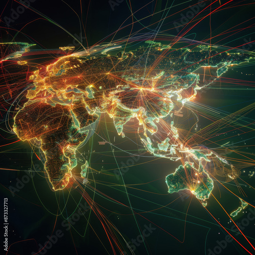 A global map with dynamic routes highlighting the complex network of suppliers, manufacturers, and distributors in a multinational corporation.