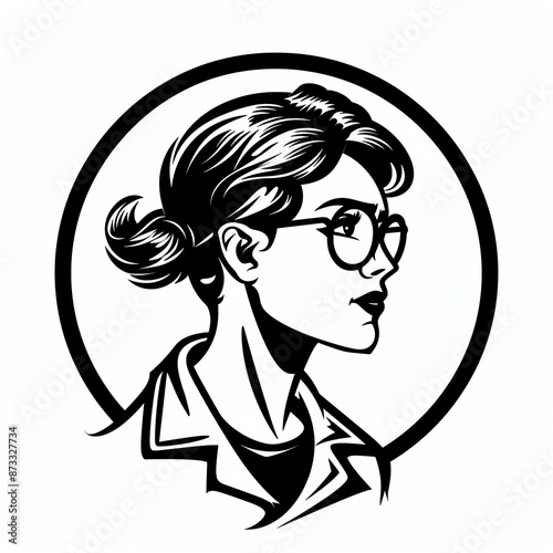 Portrait of a confident woman wearing glasses with a bun hairstyle inside a circle frame photo