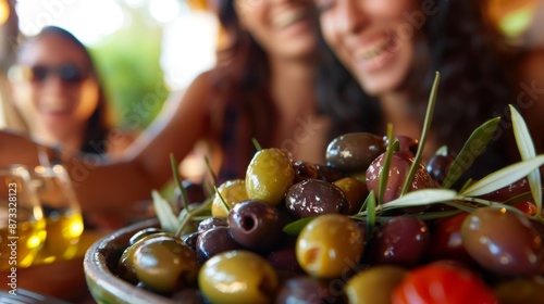 A group of friends laughing and chatting over a shared plate of mixed olives enjoying the social aspect of the tasting experience. photo