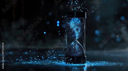 A mesmerizing hourglass with flowing blue particles indoors, symbolizing the fluid passage of time and futuristic technology.