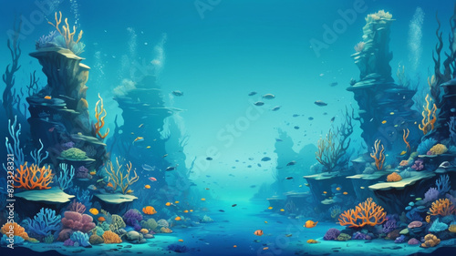 underwater scene of fish, sea, ocean and coral reef, illustration. underwater life, ocean, fish and fishes, underwater scene. marine life	