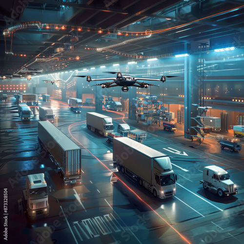 A sleek transportation hub with self-driving trucks and drones coordinating to deliver goods seamlessly. 